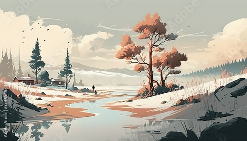 beautiful anime scenery nature background, winter nature landscape, Generative Ai © QuietWord