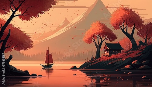 beautiful anime scenery nature background, house at lakeside with boat sailing in boat, Generative Ai