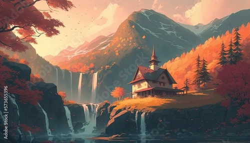 beautiful anime style nature background landscape with waterfall at sunset, Generative Ai