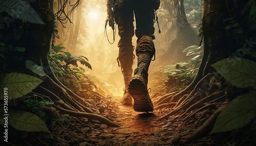 Fototapeta Naklejka Na Ścianę i Meble -  legs walking in jungle trail with sunlight shine from front, Generative Ai