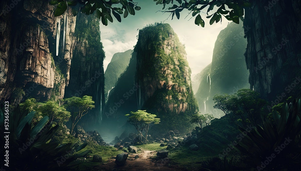 valley passage in think deep rainforest, Generative Ai