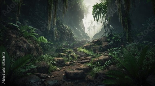 Fotografie, Tablou valley passage in think deep rainforest, Generative Ai