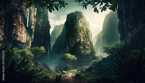 valley passage in think deep rainforest, Generative Ai