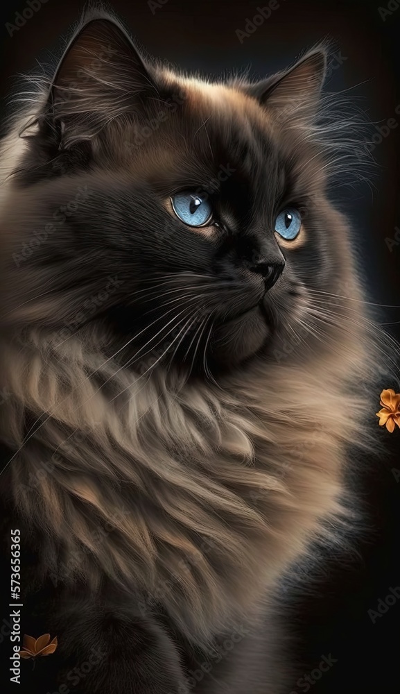 Fototapeta premium close up portrait of cute black fluffy cat with light glow, Generative Ai