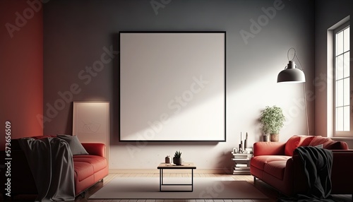 illustration of onebig  mock-up wall decor frame is hanging in minimal style, empty frame in living room, Generative Ai photo