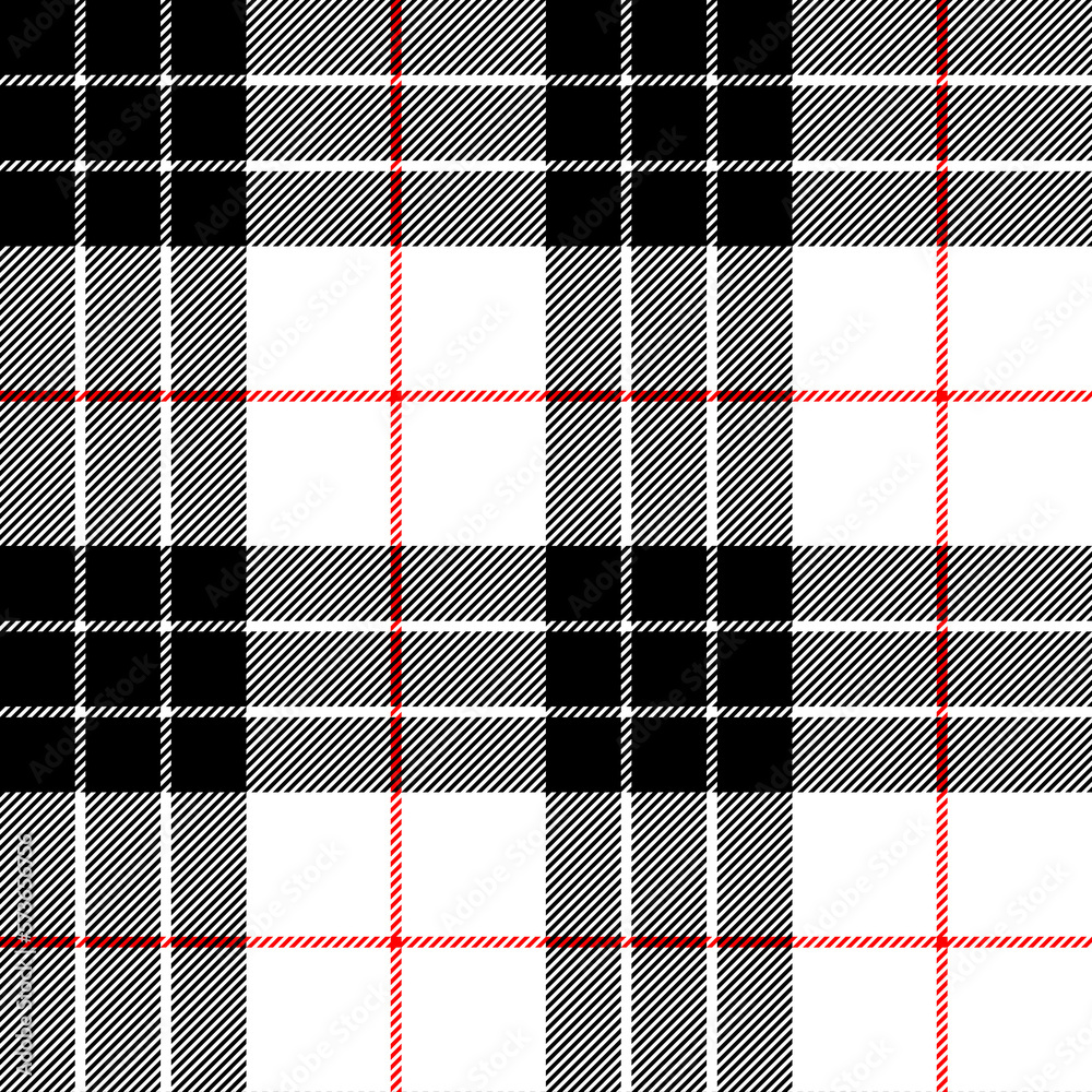 Tartan Plaid Seamless Pattern Tile with Transparent Background. Black Checks with Thin Red Stripe. Traditional Scottish Woven Fabric. Houndstooth Design. Flannel Textile Texture.