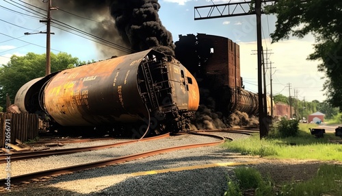illustration of derailment train with flame and black smoke burning on it, idea for support Ohio crisis, Generative Ai photo