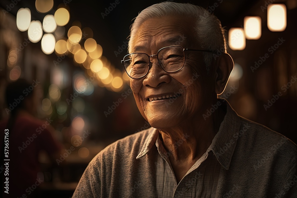 Obraz premium Aged well: close-up portrait of happy Asian senior man looking at camera. Nice bokeh background.
