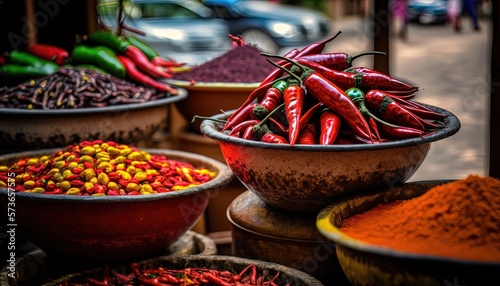 market stall selling many kind of chilli , idea for local SME business vendor support theme, Generative Ai