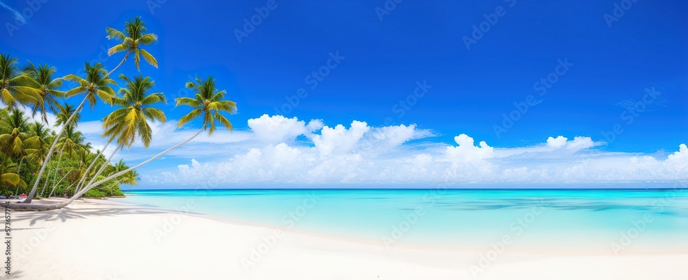 panoramic tropical beach with palm trees Generative AI - obrazy, fototapety, plakaty 
