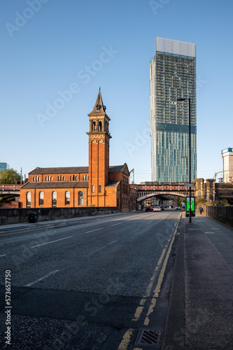 Roadway to Castle field Congregational Chapel with Beetham tower in background at Manchester UK