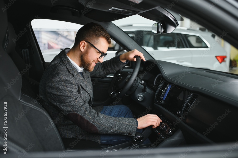 Visiting car dealership. Handsome bearded man is stroking his new car and smiling Visiting car dealership. Handsome bearded man is stroking his new car and smiling