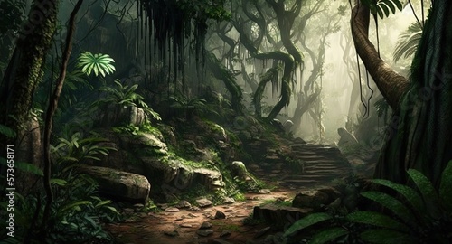 mysterious jungle with tree and passage  stairway to unknown place  Generative Ai