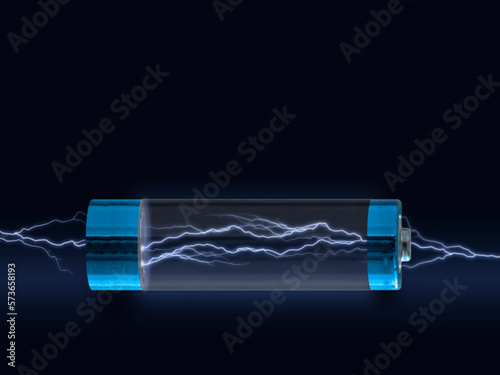 Fotografie Transparent tank with form of pen dry battery with lightning flash as a symbol o