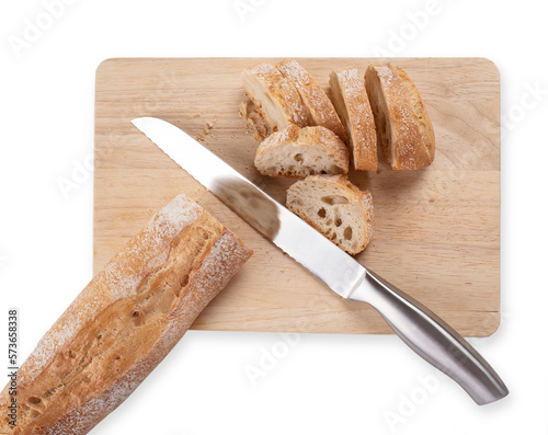 Cutting bread on wooden board, with knife. Isolated on transparent background. Precision cut and flawless finish make it easy to incorporate the image into your projects.