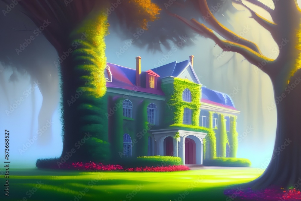 oil painting of a large building. There are lots of ivy and big trees surrounding the building. fog and rainbows. - generative ai