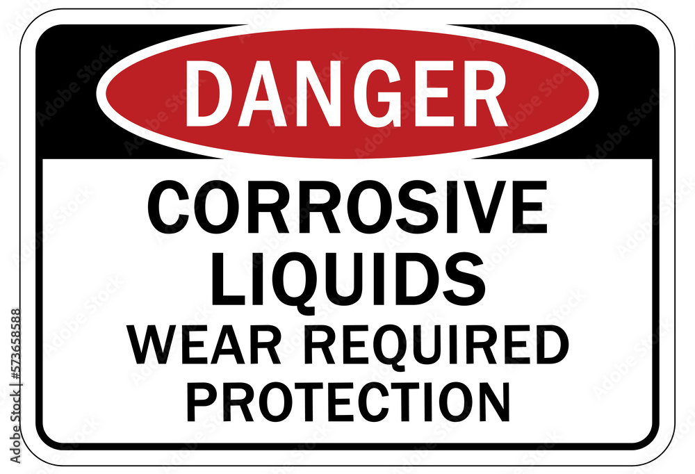 Corrosive material hazard sign and labels wear required protection Corrosive material hazard sign and labels wear required protection