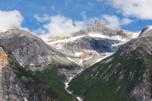 Snow-covered mountains in Tracy Arm Fjord near Juneau, Alaska.