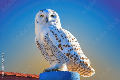 A Snowy Owl, a rare sight in Southern California, perched on a rooftop. looking squarely into the lens, a clear blue sky as a backdrop. Generative AI photo