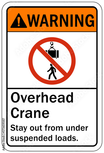 Overhead crane hazard sign and labels stay out from under suspended loads