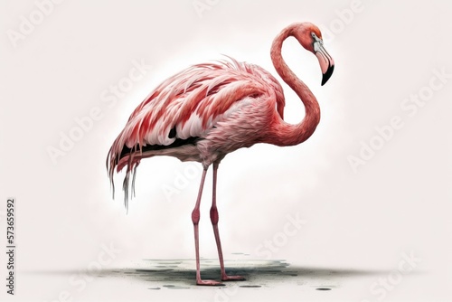 Extensive length of a pink flamingo. Separated from context  presented on a white background. Generative AI
