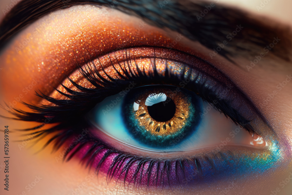 Human eye close-up detail woman eye with day beauty makeup and long natural eyelashes. Girl with perfect skin Generative AI Human eye close-up detail woman eye with day beauty makeup and long natural eyelashes. Girl with perfect skin Generative AI