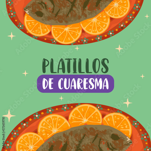 Tarjeta de platillos de cuaresma con ilustración de mojarra frita.