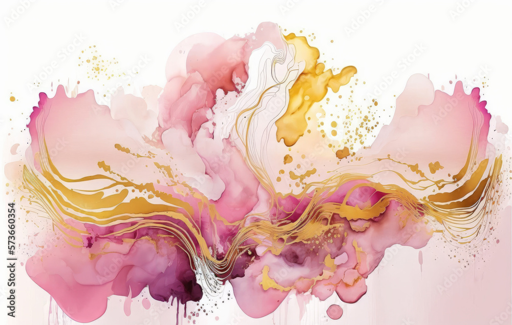 Abstract pink liquid watercolor background with golden lines. Pastel marble alcohol ink drawing .Generative AI