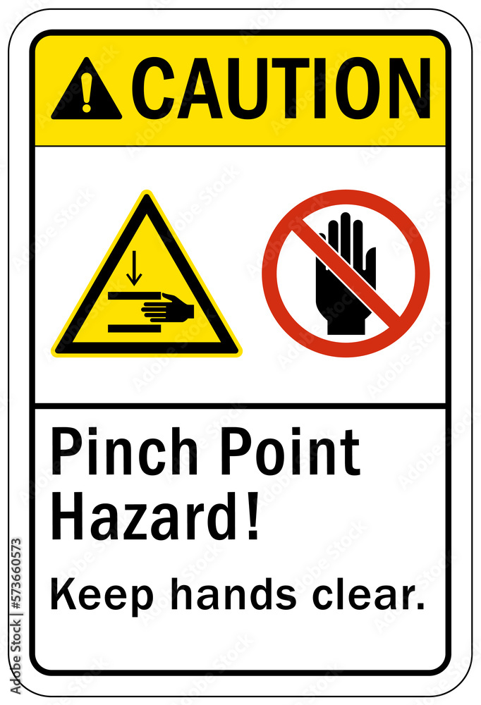 Fototapeta premium Pinch point hazard sign and labels keep hands clear