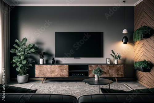 Transform your living room into a stylish space by incorporating a TV cabinet, wide angle, and carpet decor, adding a touch of elegance to your home decor.