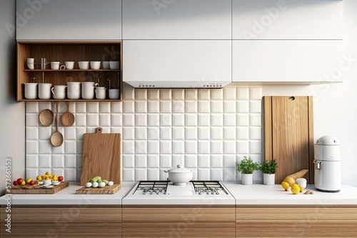 Blank white space up close on a gorgeous wooden kitchen counter adorned with modern appliances  a dozen fresh eggs  and square white ceramic wall tiles. Sunlight in the morning  Baking  Tools  History