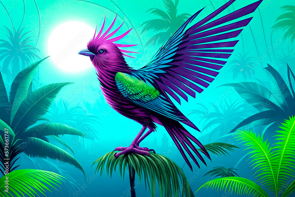 Paradise bird, tropical exotic jungle plants leaves flowers abstract pastel color. Generative AI