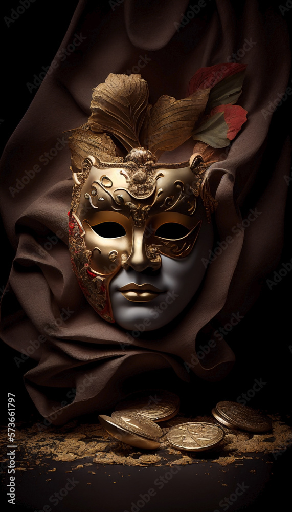 Ai generated. World theater day. Dark still life with theatrical elements: An ornate carnival mask with large copy space below with some gold coins on the ground.