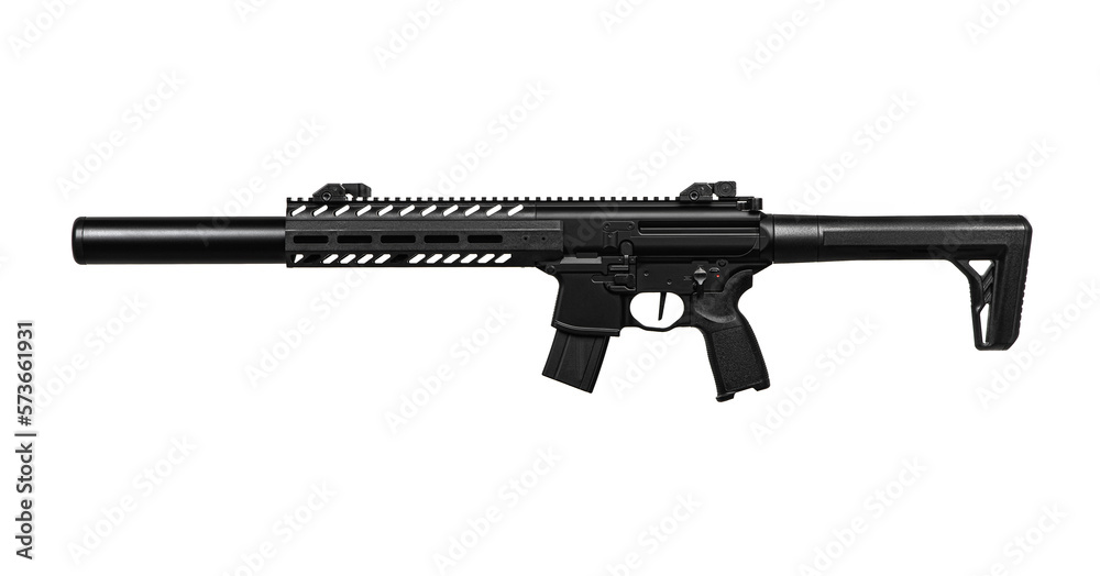 Modern air rifle. Pneumatic replica of the m4 carbine. A copy of the weapon with mechanical sights. Isolate on a white background.