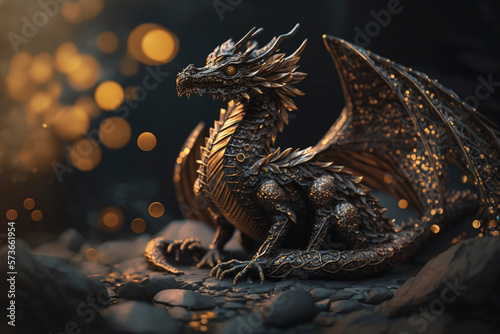 A dragon ornament sitting on the floor, bokeh effect, black and gold colors - Generated by generative AI photo