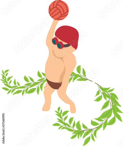 Water polo icon isometric vector. Water polo player throwing ball, green branch. Competition, sport concept