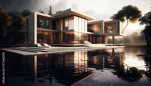 3D rendering of a luxury house with a swimming pool. House with panoramic windows. Generative AI Modern architecture. © Nataliia