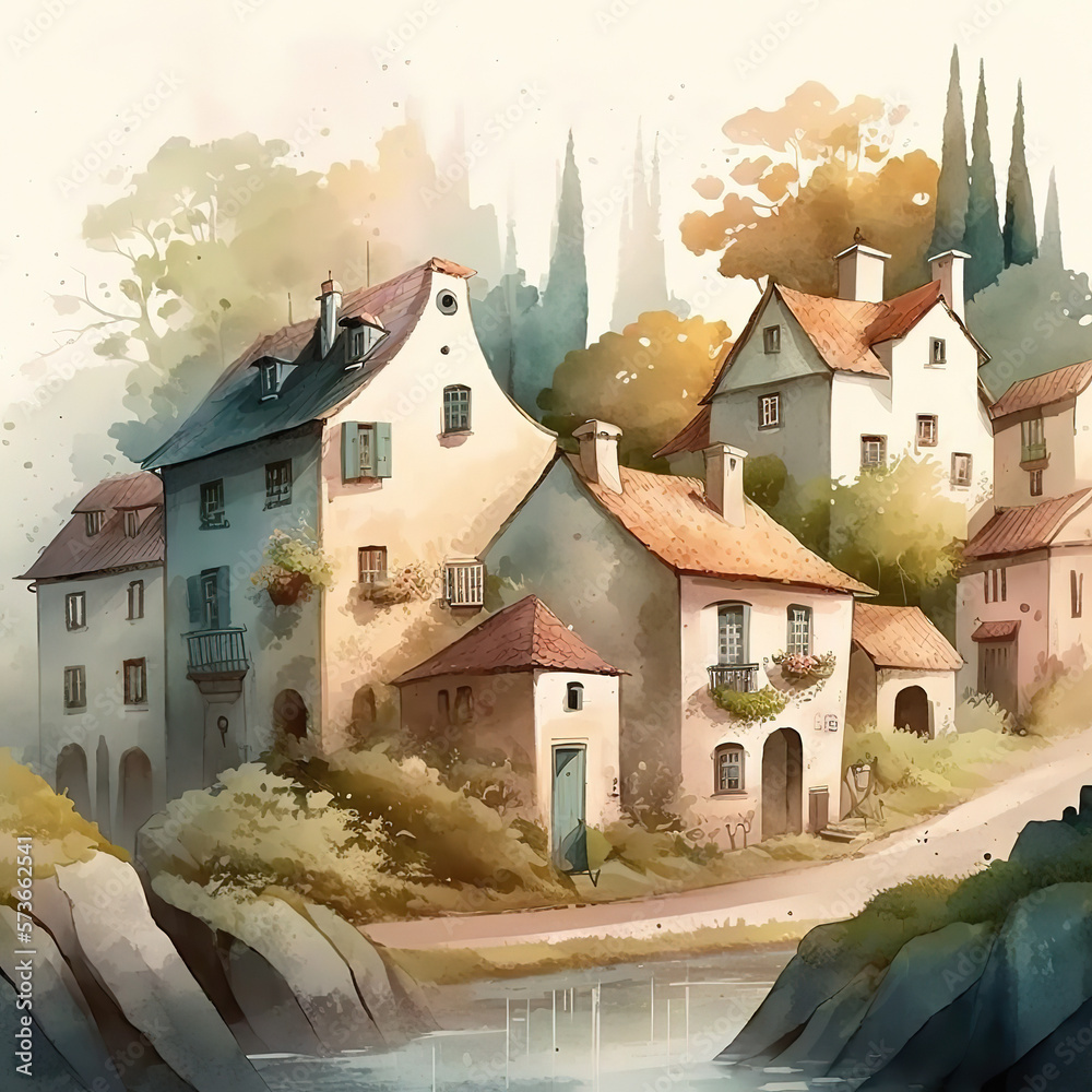 Small cute watercolor village landscape, Generative Ai