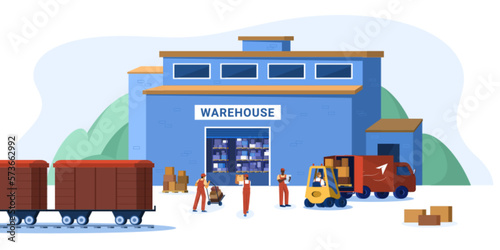 Fototapeta Naklejka Na Ścianę i Meble -  Flat warehouse logistics building with various cargo transport, workers and cardboard boxes. Storehouse with goods on racks, forklift and freight train on railway. International delivery service.