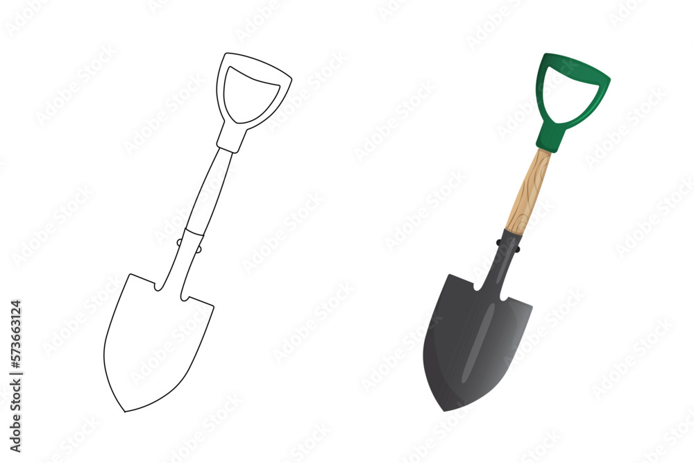 Shovel illustration. Shovel for garden, camping, fire shovel. Coloring page for children. Contour icon. Kids coloring book for elementary school. Black and white illustration. Vector illustration.
