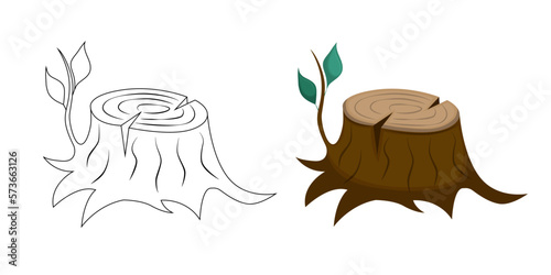 Illustration for coloring page on the theme of summer and travel. Tree stump in twig and leaves. Vector illustration coloring book.