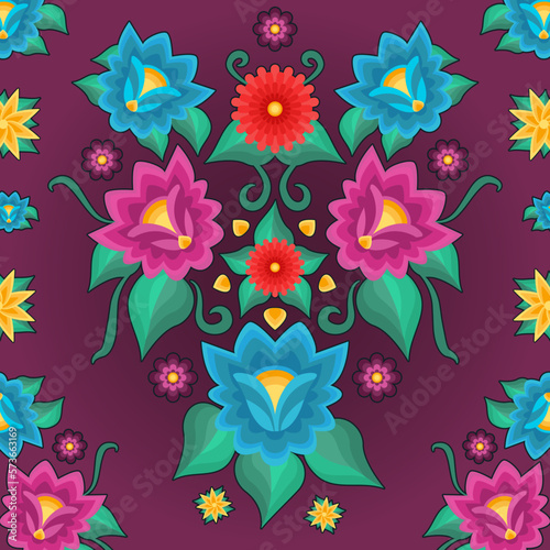 Fondo de arreglo floral, estilo bordado de Yucatán. Vector.