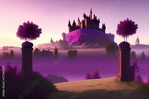 Fotografie, Tablou Mauve sky with eggplant ground world with castle on a hill and big black metalli