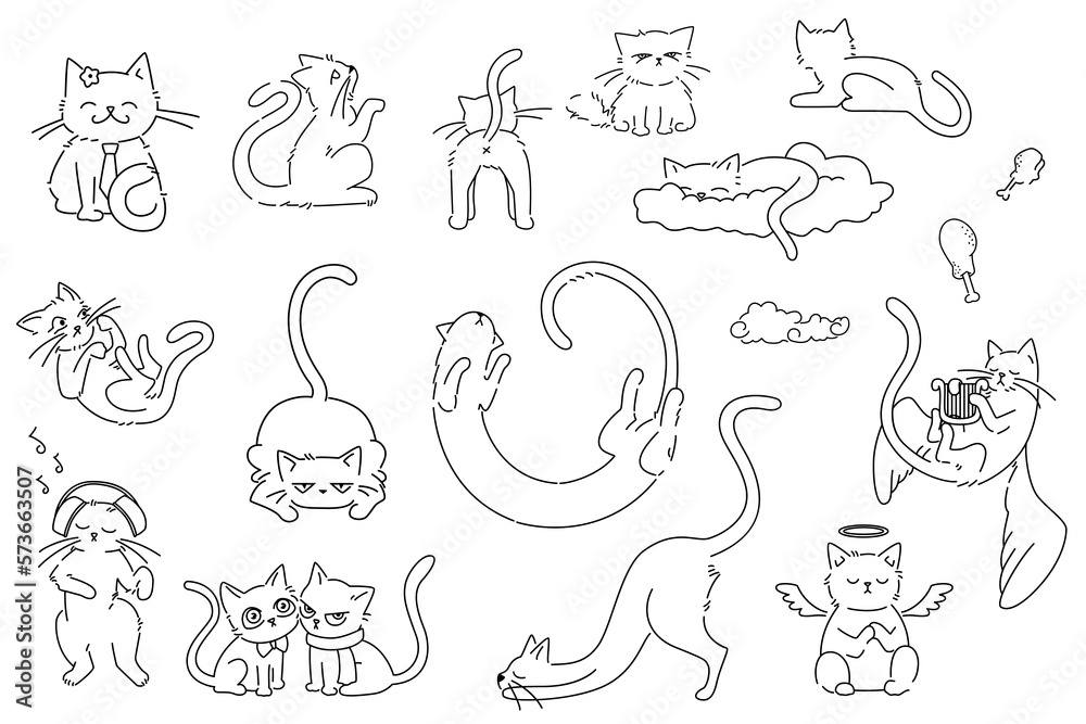 Repeat Pattern Cat Line Drawing Seamless pattern with black line drawings of cats set against a white ...