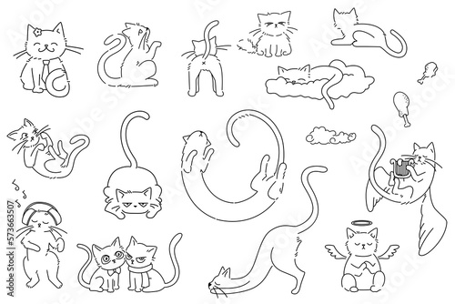 Seamless pattern with black line drawings of cats set against a white background. The repeating design is ideal projects such fabrics, wallpaper, wrapping paper