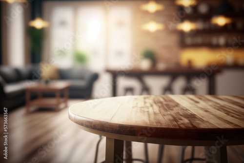 The wooden top table over defocused living room background created with generative AI