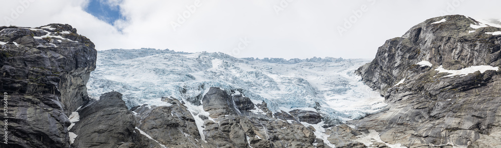 Panorama of the Jostedalsbreen glacier snout in Norway