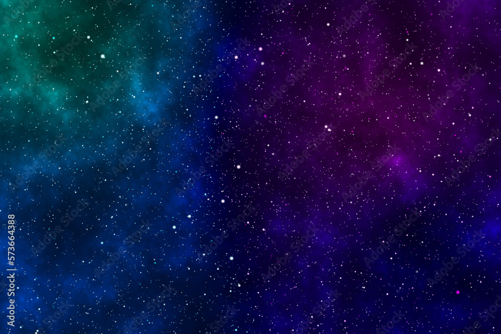 Starry night image with the blue, purple, and green nebulas in the cosmic space.