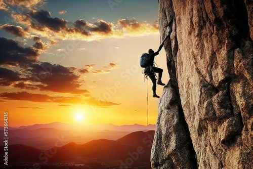 Fototapete silhouette of a rock climber person on a rock cliff with sunset background, gene