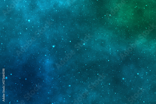 Starry night image background with stars and green nebula in the cosmic space.